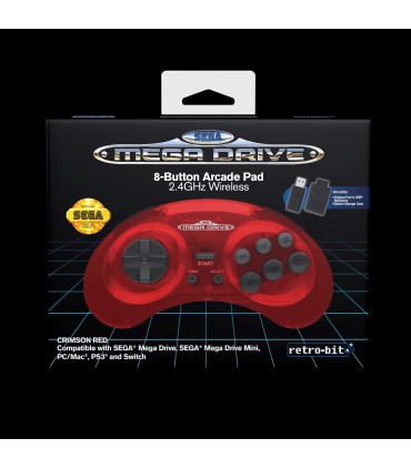 Mando inalámbrico Sega Megadrive + USB 8 botones rojo transparente